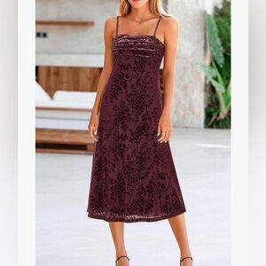 Dark Wine Red Ruched Square Neck Floral Dress